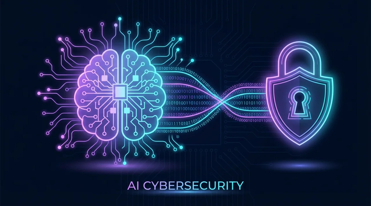 AI brain connected to security lock via neural network lines representing AI cybersecurity