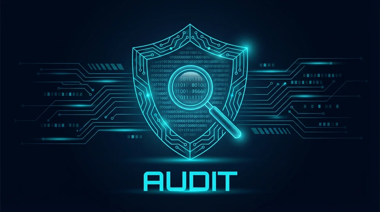 Glowing shield with magnifying glass scanning code lines representing smart contract audit
